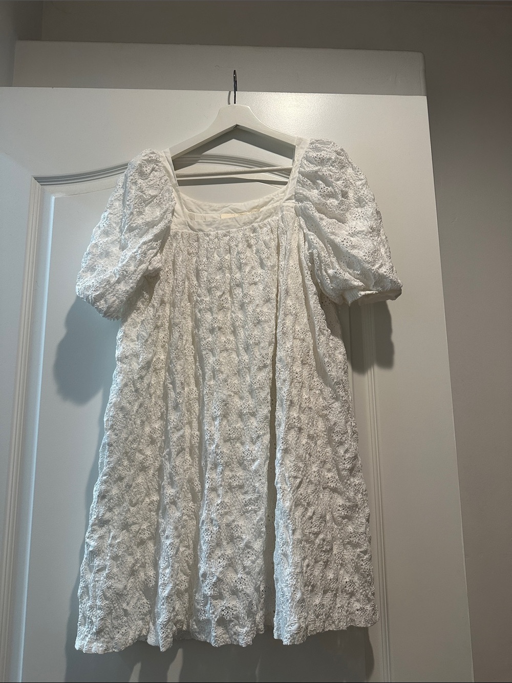 White Lace Puff-Sleeve Mini Dress